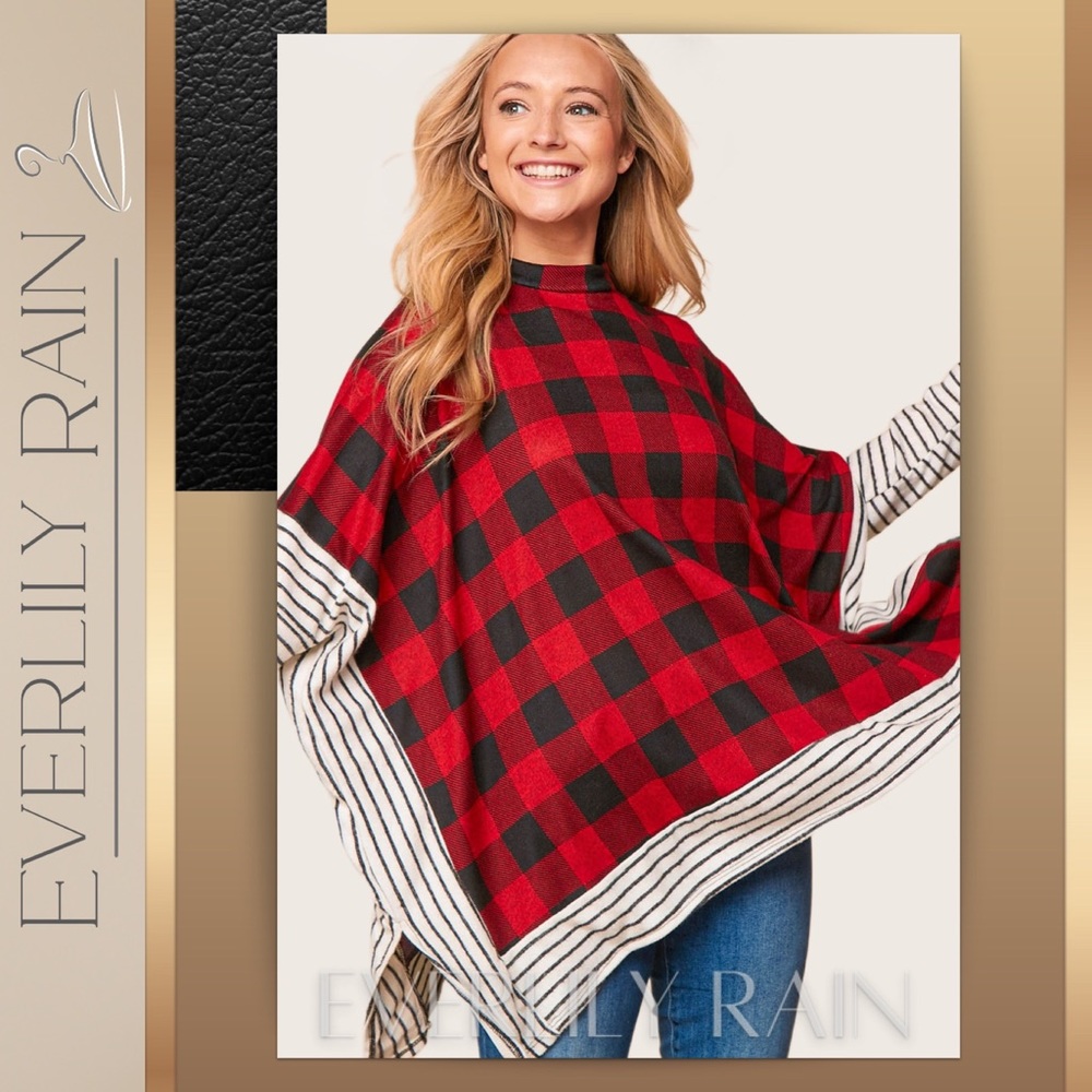 Plaid & Striped Poncho Style Sweater - Picture 1 of 12